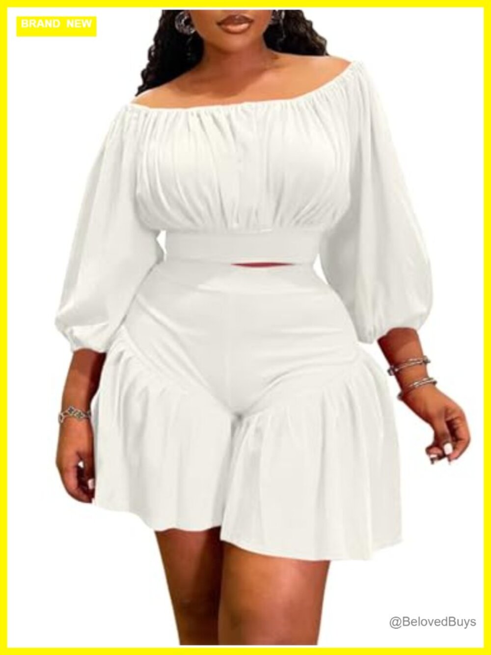 Plus Size 2 Piece Outfits Off Shoulder Crop Top Ruffle Shorts Set